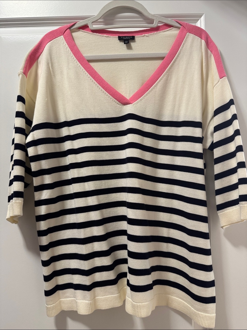 Talbots Cream and Navy Striped V-Neck Sweater with Pink Trim